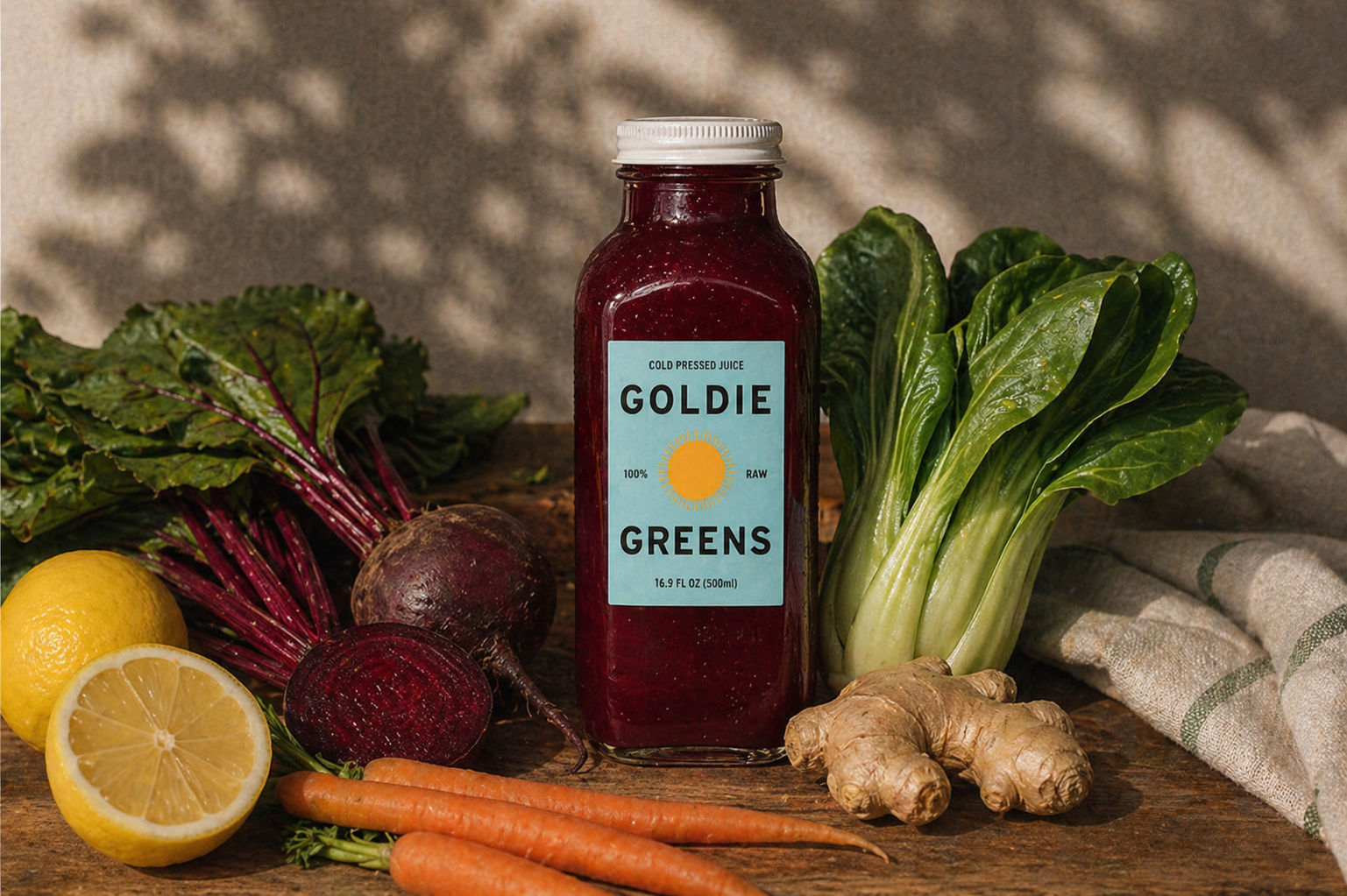 A bottle of Local Love beet juice surrounded by fresh beets, carrots, apples, and a wedge of lemon.