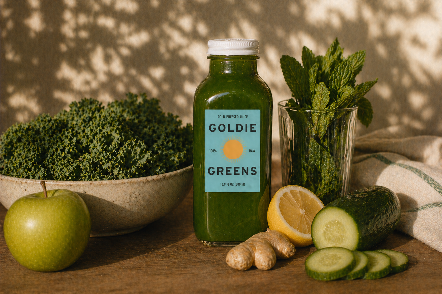A bottle of Stella deep-green juice beside bundles of kale, spinach, and cucumber.