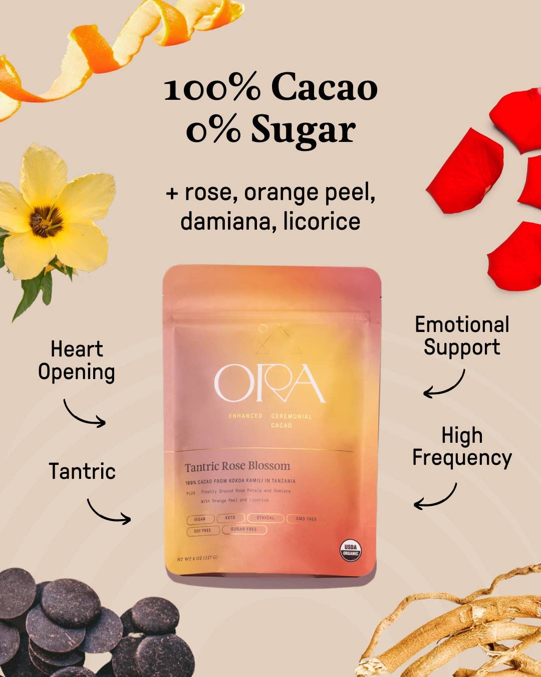 Cacao Mejorado con Flor de Rosa Tántrica - Orgánico - Ceremonial